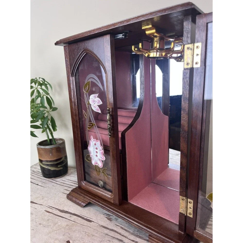 Vintage Wooden Jewelry Armoire Box Cabinet w/ Glass Floral Doors & Drawers